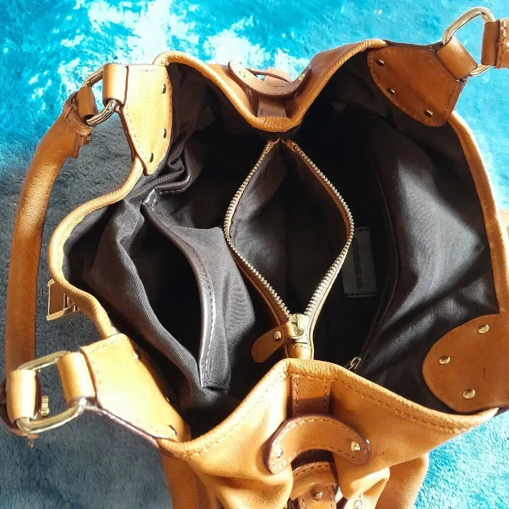 Antonio Melani Tan Leather Satchel Handbag with Gold Hardware Width 12in.